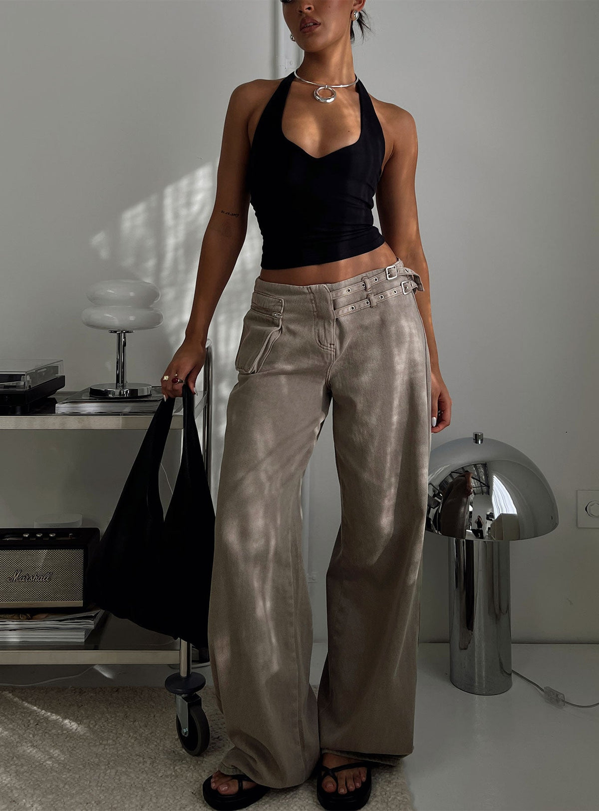 Paltrow Mid Rise Wide Leg Cargo Jeans Washed Brown Petite