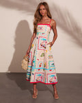 Vacation Era Cotton Novelty Stamp Print Midi Dress
