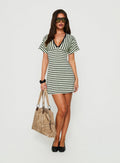 Arialla V Neck Short Sleeve Mini Dress Green / Charcoal Stripe