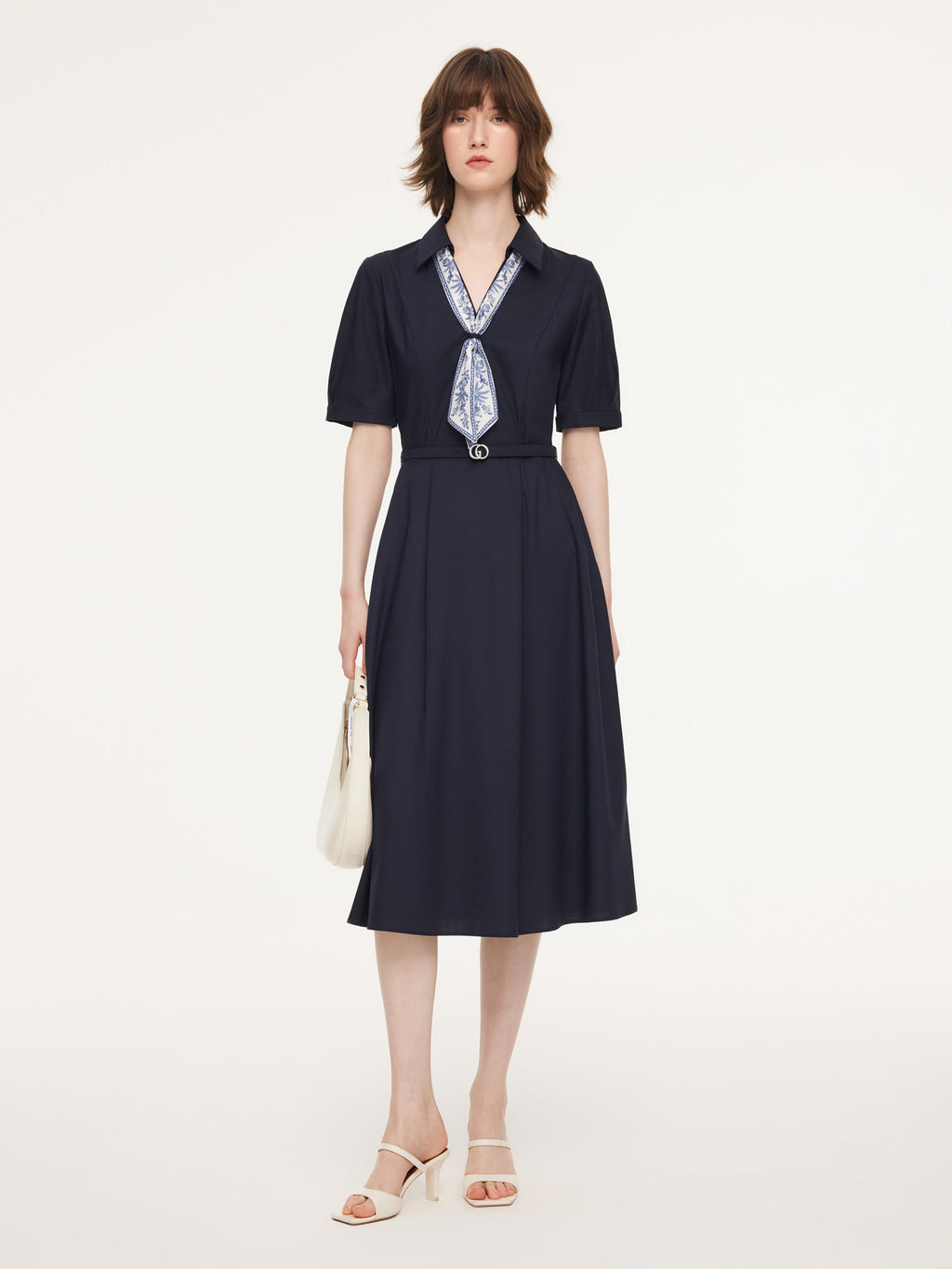 Linen Blend V-Neck Women Midi Dress With Silk Scarf And Belt