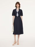 Linen Blend V-Neck Women Midi Dress With Silk Scarf And Belt