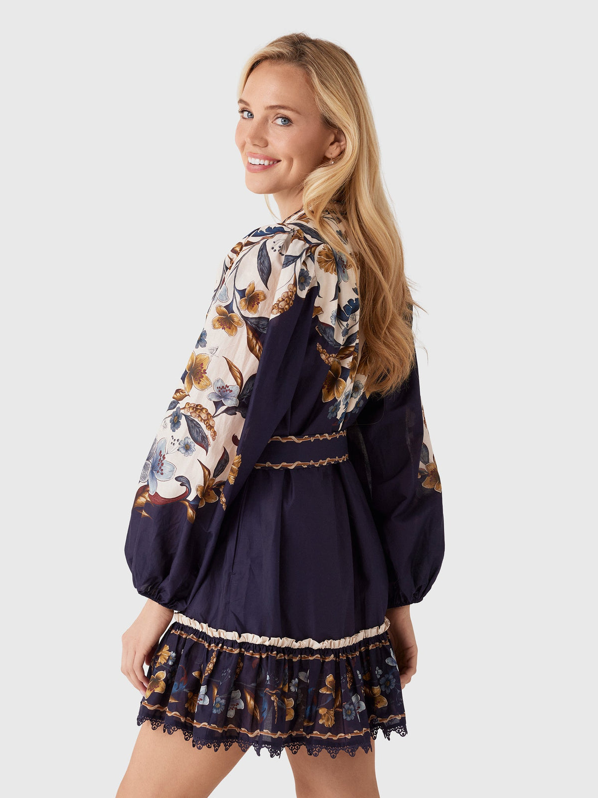 Farm Rio Women's Golden Nature Belted Long Sleeve Mini Dress