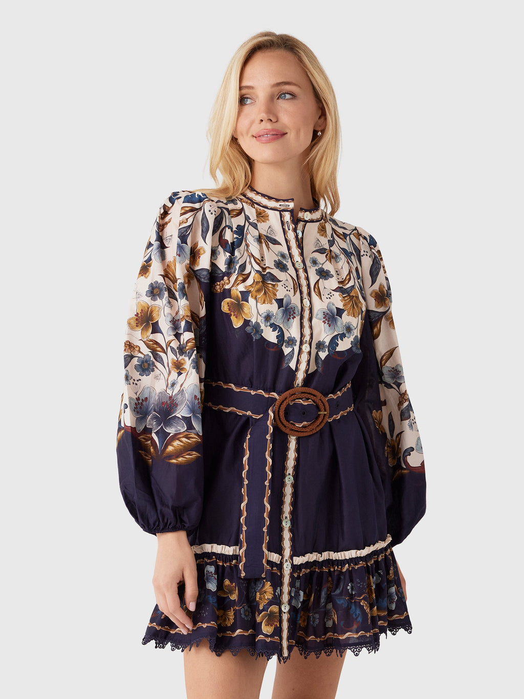 Farm Rio Women's Golden Nature Belted Long Sleeve Mini Dress