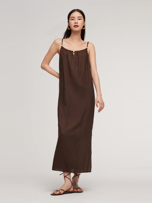 100% Linen Women Strap Maxi Dress With Tie String Belt