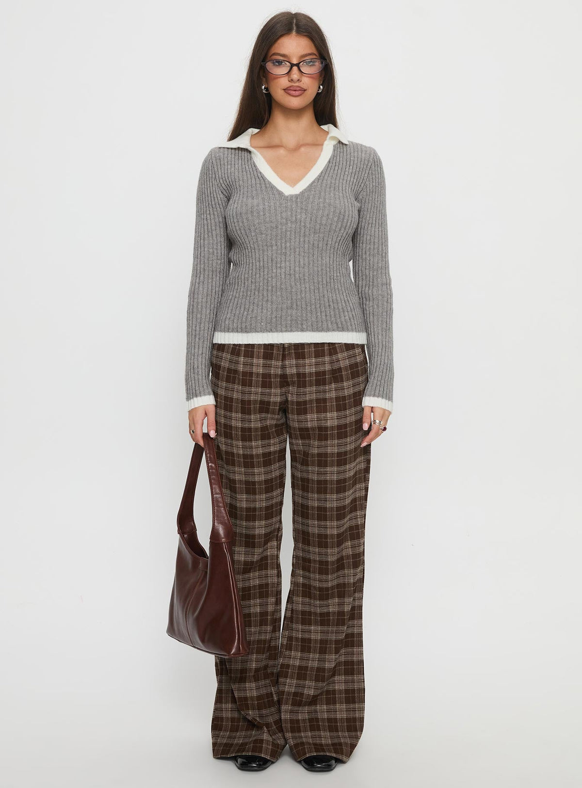 Emiroki Straight Leg Pants Brown Check