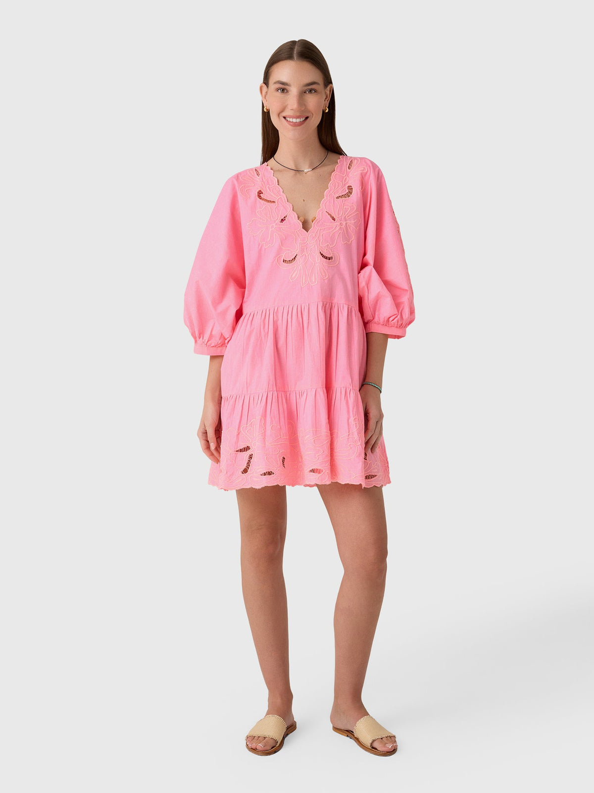 Juliet Dunn Women's V-Neck Cutwork Embroidered Dress