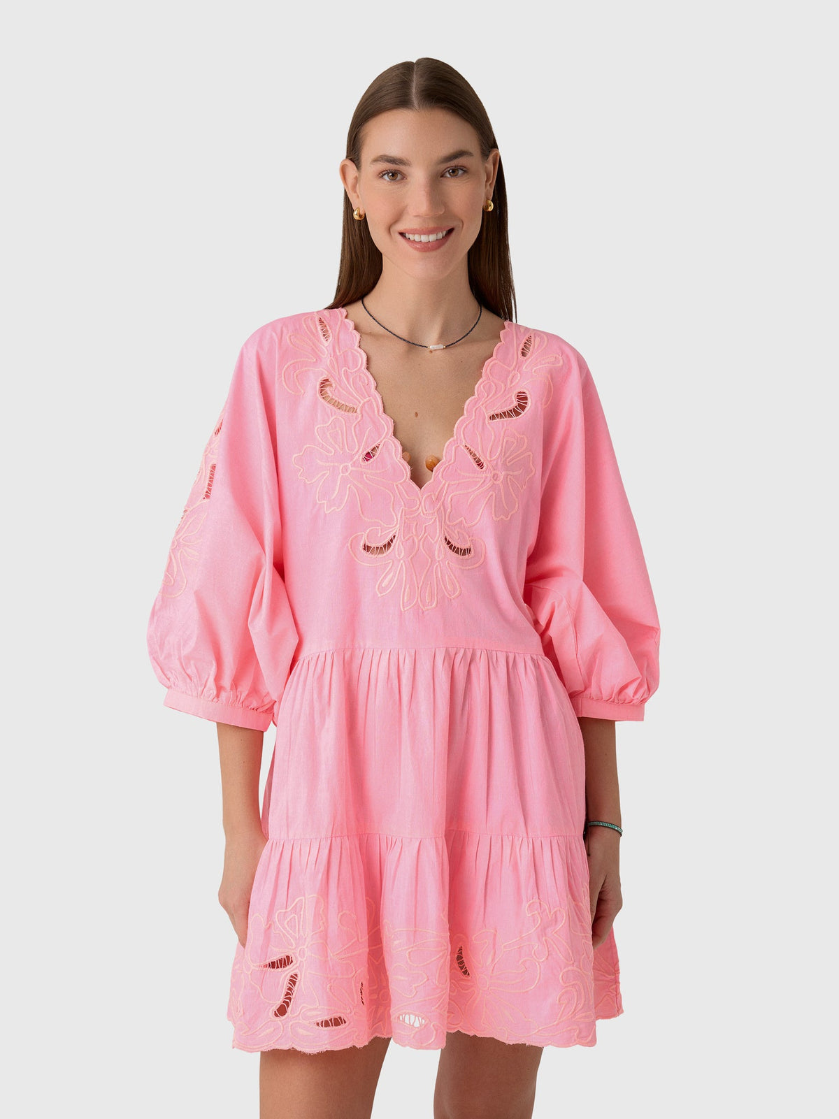 Juliet Dunn Women's V-Neck Cutwork Embroidered Dress