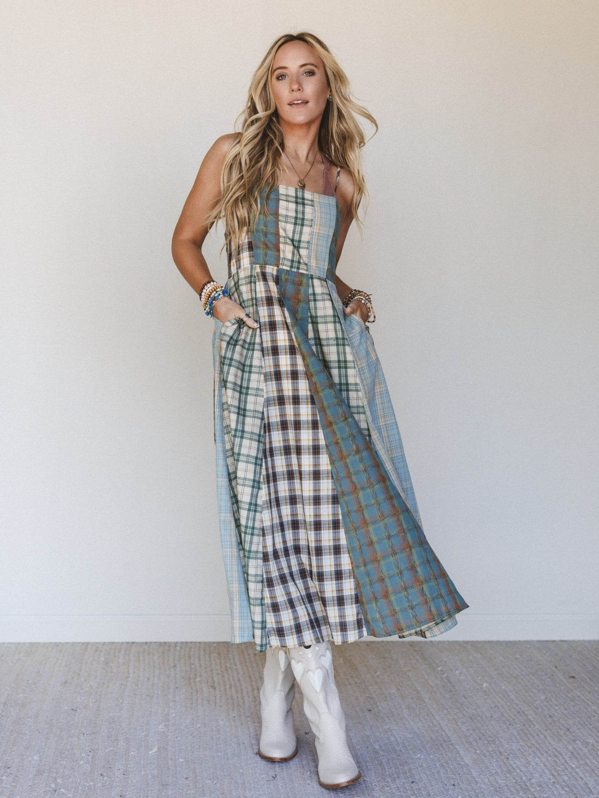 Western Charm Checkered Dress - Mint