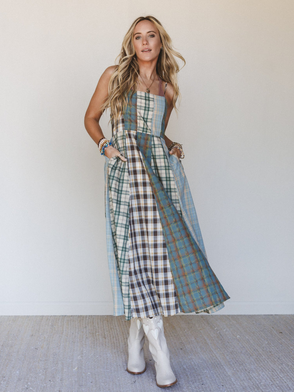 Western Charm Checkered Dress - Mint