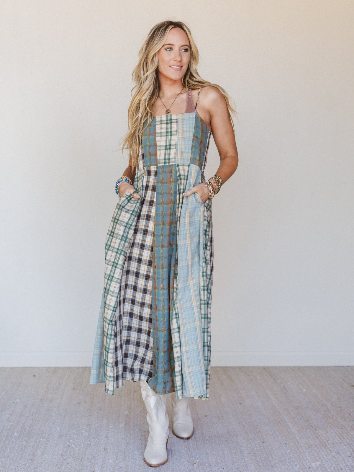 Western Charm Checkered Dress - Mint