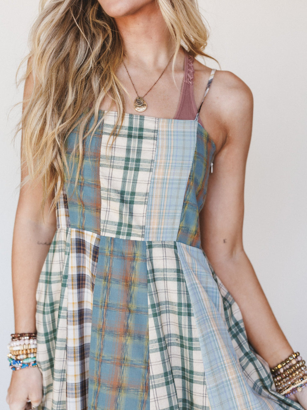 Western Charm Checkered Dress - Mint