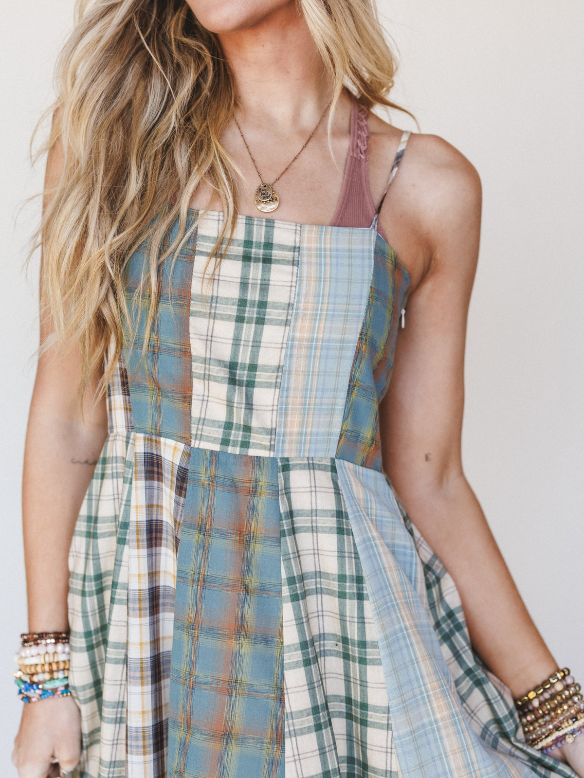 Western Charm Checkered Dress - Mint