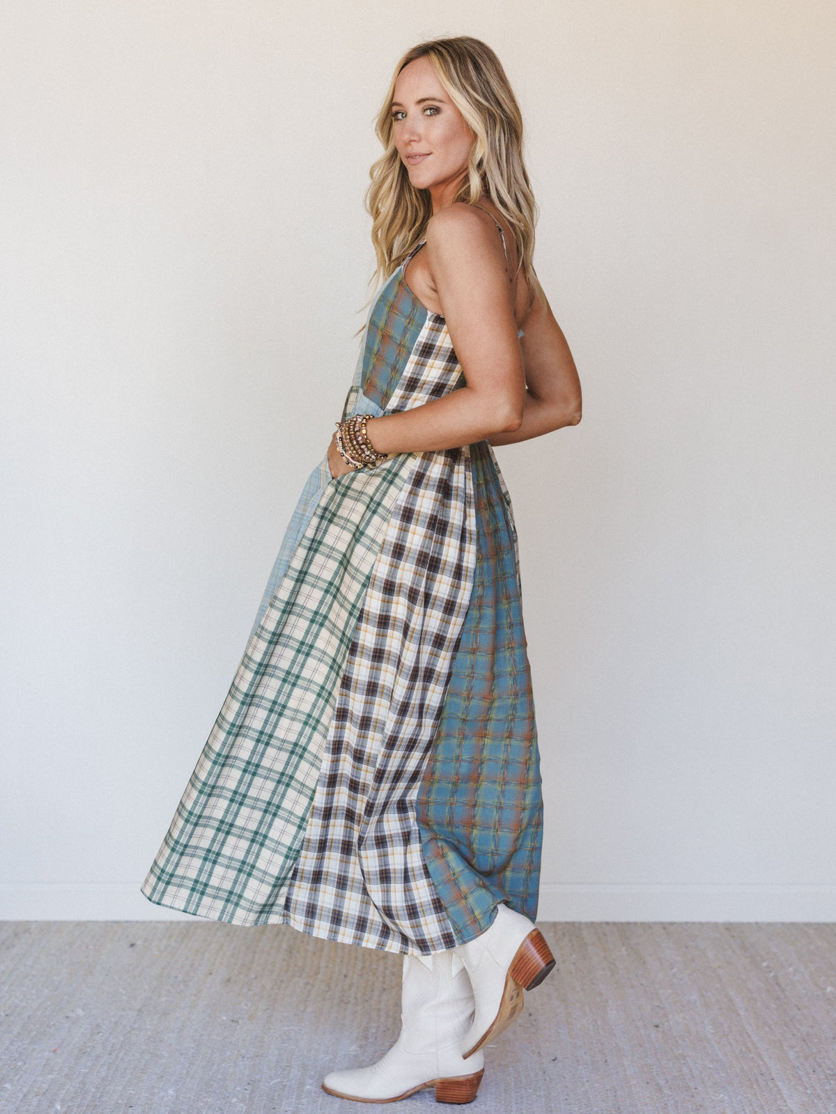 Western Charm Checkered Dress - Mint