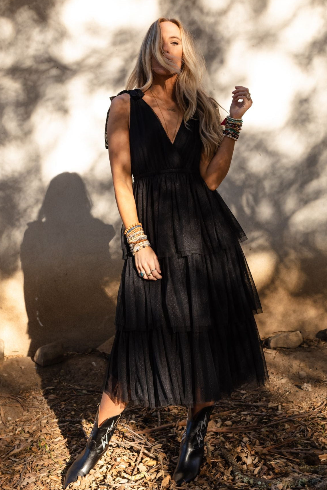 Boho Ballerina Tiered Tulle Dress - Black