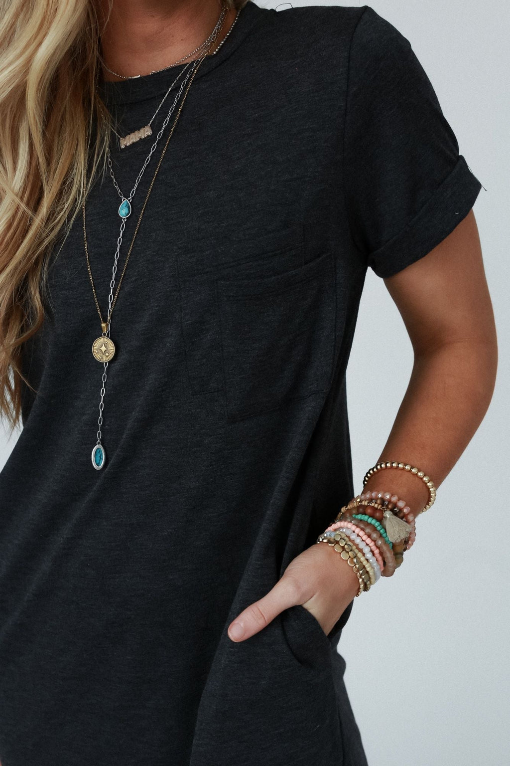 The Nest On The Daily Pocket Tee Dress - Charcoal 2Tone