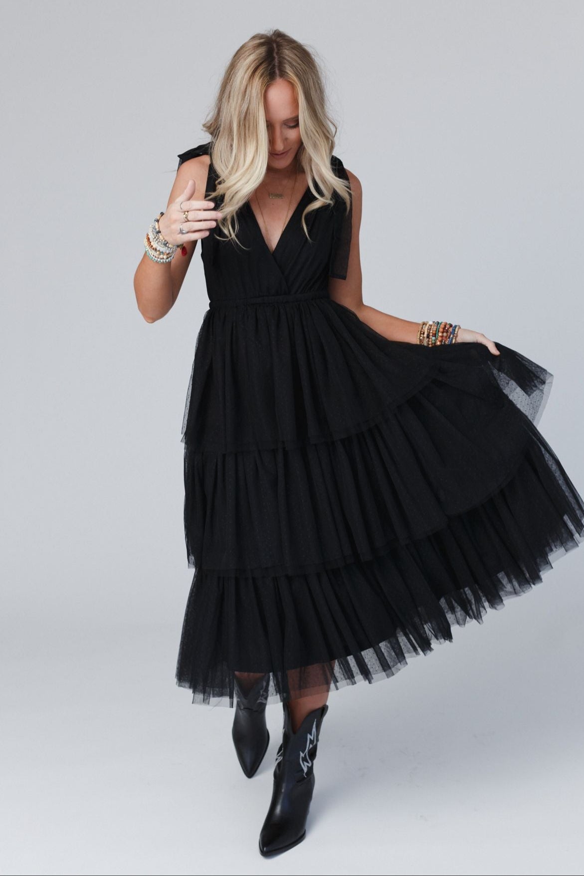 Boho Ballerina Tiered Tulle Dress - Black