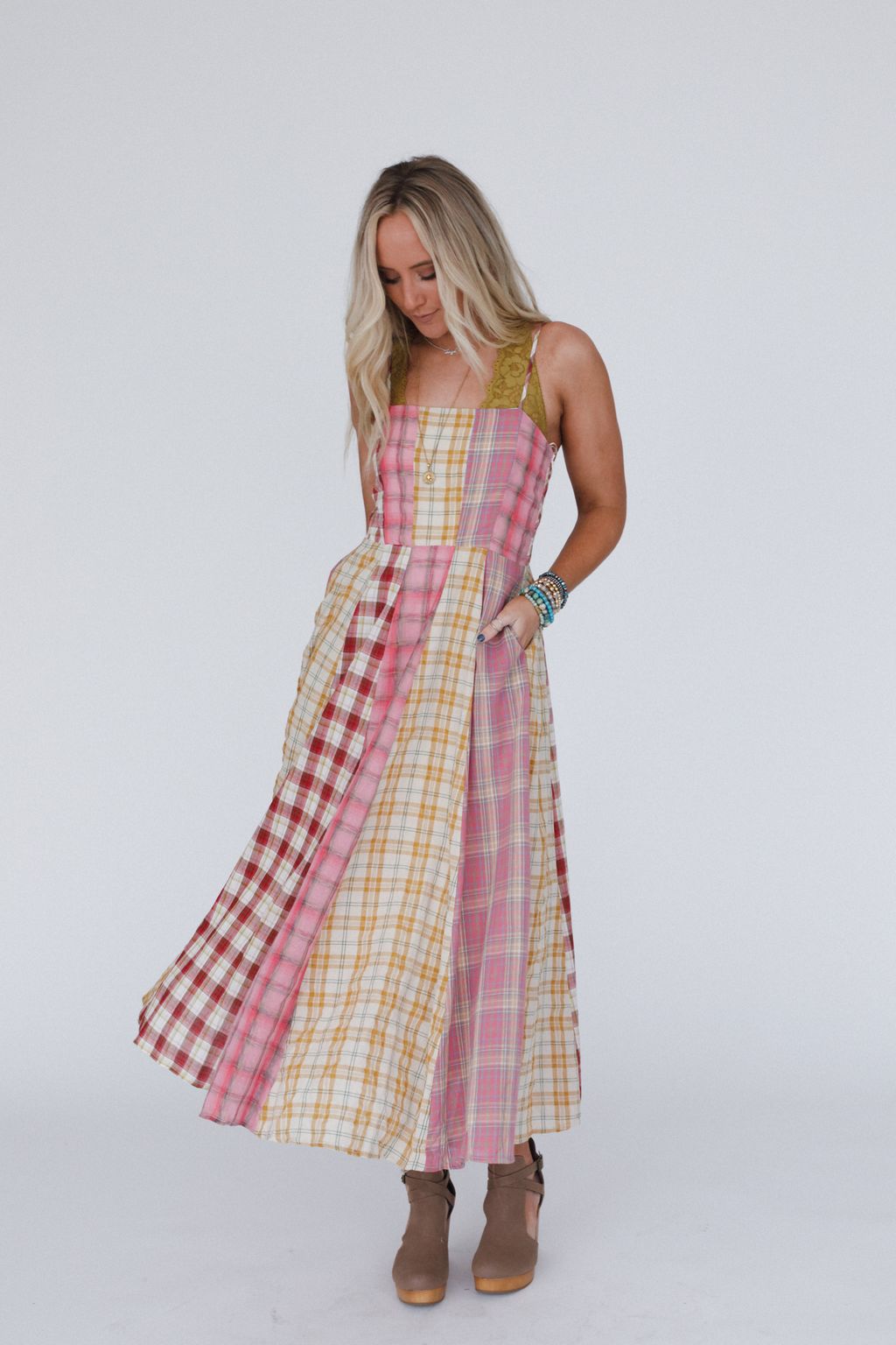 Western Charm Checkered Dress - Pink - Pre Order